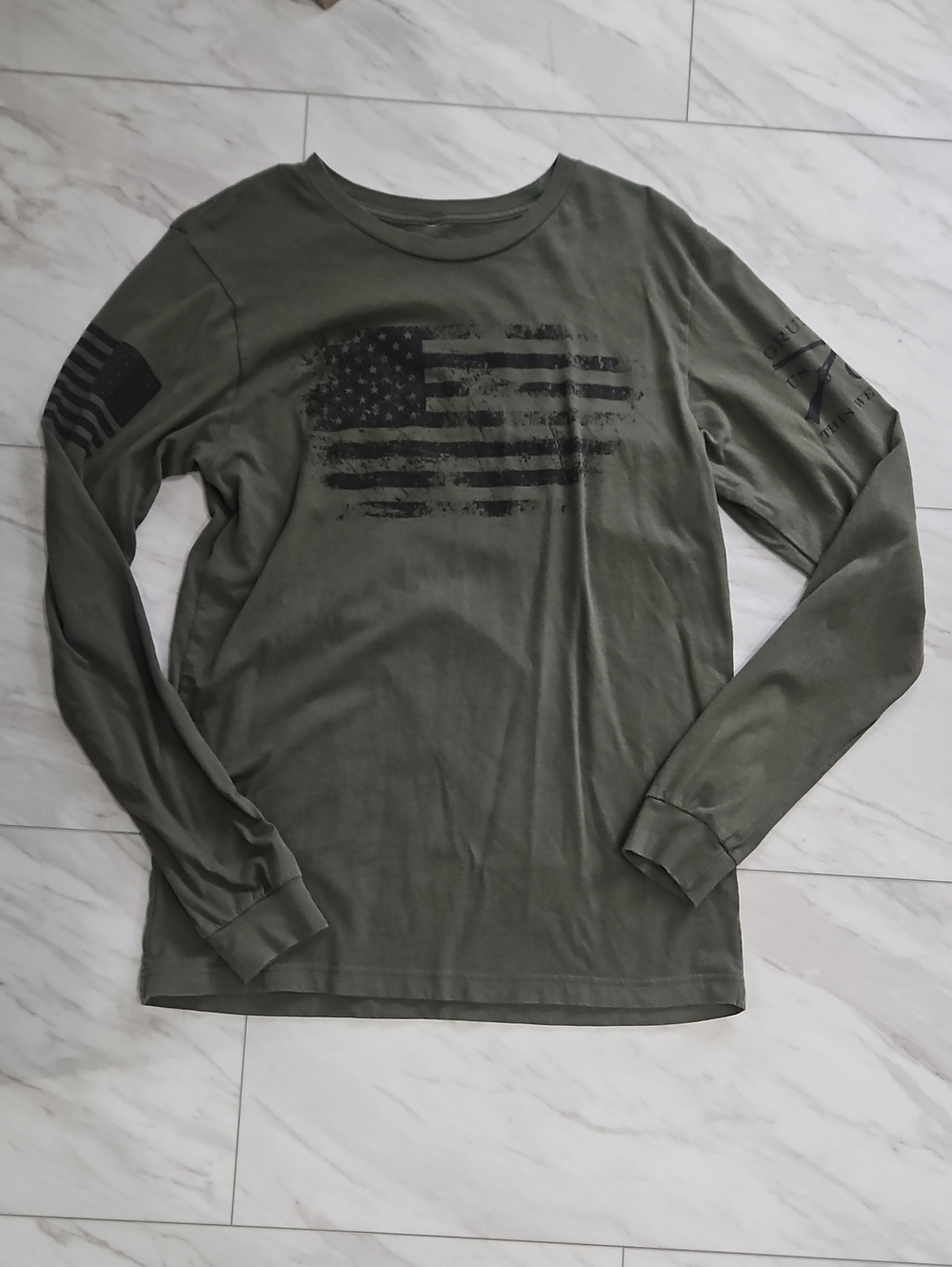 Grunt Style Olive Green Long Sleeve Shirt with Distressed Black Flag